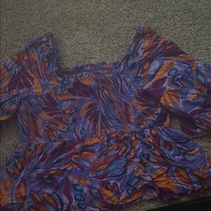 Blue and Orange Ruffled Smocked Blouse